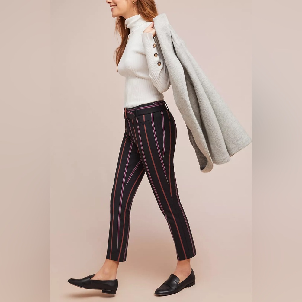 Anthropologie Black Striped Essential Slim Belted Trouser Pants size 0